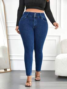 Plus High Waist Skinny Jeans - Dark Wash - View 4