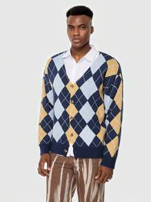 ROMWE MEN Academia Hombres Cárdigan con patrón de rombo de cuello V - Multicolor - Ver 3