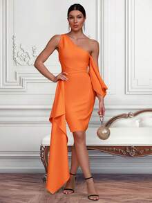 Asymmetrical Neck Draped Side Bodycon Dress - Orange - View 4