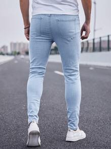 Manfinity Homme Men Light Wash Ripped Skinny Jeans Slim Fit Long Frayed Jean Cargo Plain Blue Office Basic Husband Work Going Out Urban Vacation College