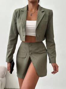RueChic Striped Notched Collar Blazer Jacket And Skirt Set - Apricot - View 5