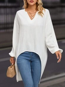 Notched Neckline Lantern Sleeve High Low Hem Blouse - White - View 5