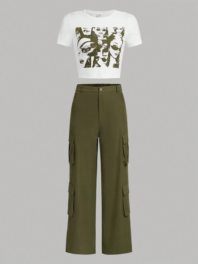 Teen Girl Figure Graphic Tee & Flap Pocket Cargo Pants