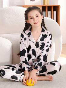 Tween Girl Cow Print Contrast Piping Satin PJ Set - Black and White - View 2
