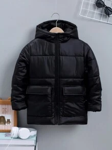 SHEIN Tween Boy 单件翻盖口袋拉链连帽夹棉大衣 - 黑色 - 查看 4