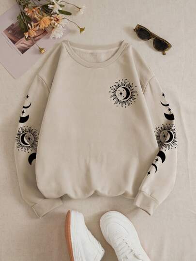 INAWLY 太阳和月亮印花保暖衬里运动衫、长袖上衣
