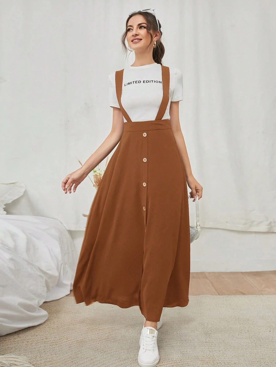 Mulvari 前紐扣背帶短裙不帶T恤 - 棕色 - 查看 1