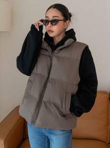 DAZY Zip Up Padded Vest Thick Pockets Coat, Women Winter Coat Jacket - Coffee Brown - View 8