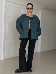 DAZY 纯色纽扣前衬垫厚口袋外套，女式冬季外套夹克 - 墨綠色 - 查看 10