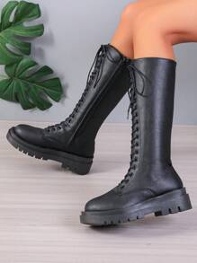 Women's Back Zip Wedge Fashionable Black Wedge Knee High Boots Black Boots With Sweater - Black - View 4