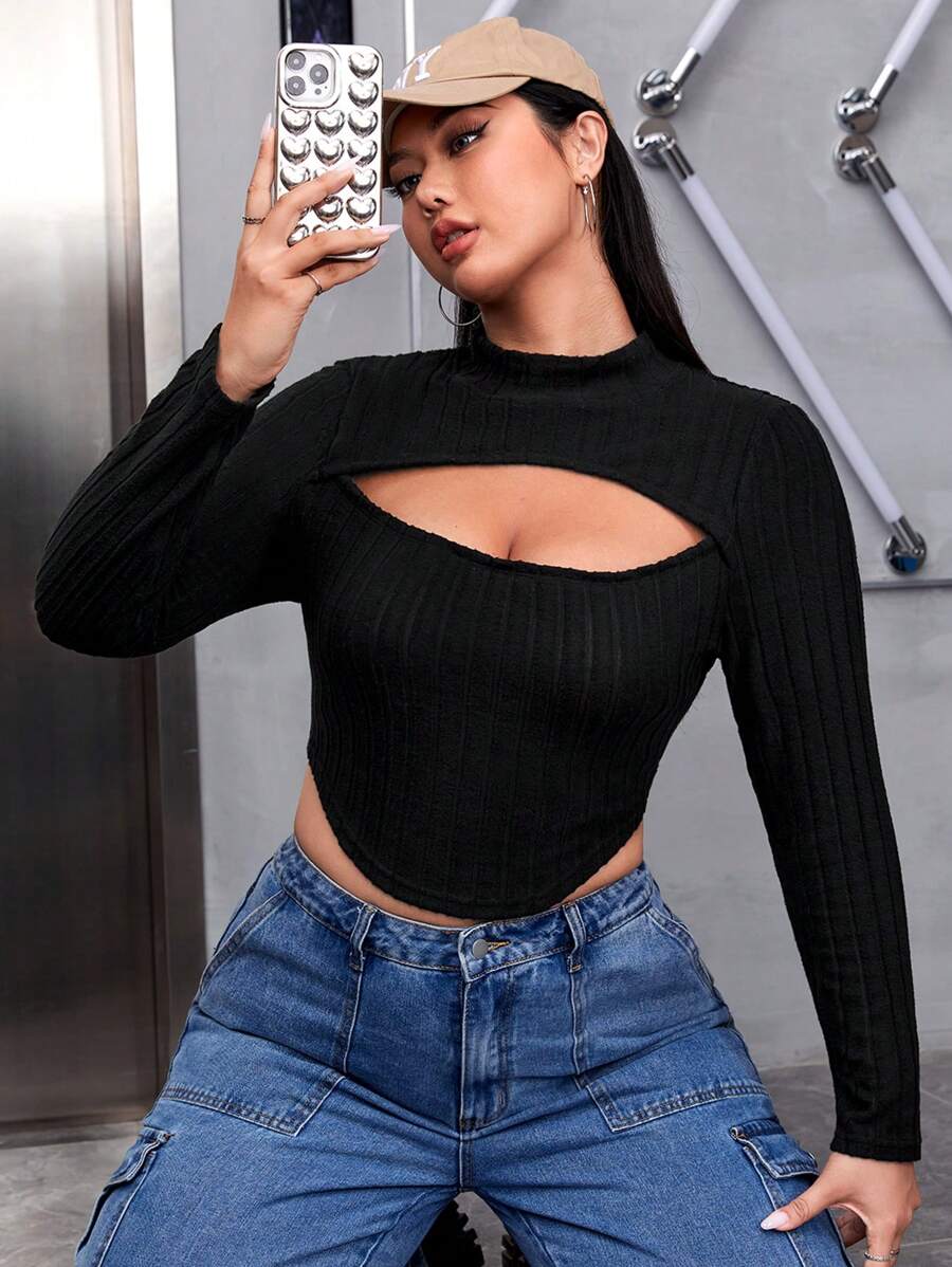 SHEIN EZwear Hơn Cắt ra phía trước Curved Hem Áo phông Crop - màu đen - Xem 1