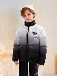 SHEIN Tween Boy 字母补丁渐变色拉链衬垫大衣 - 黑與白 - 查看 5