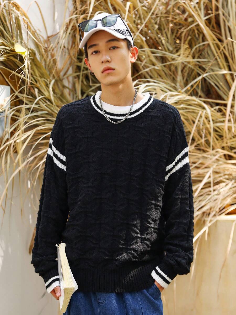 Manfinity Hypemode 男士條紋飾邊套頭毛衣 - 黑與白 - 查看 1