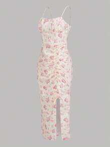 SHEIN Leap Crew Teen Girls Floral Print Ruched Split Thigh Cami Dress - Apricot - View 3