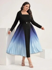 Modelyn Plus Ombre Square Neck Pleated Hem Dress Without Belt - Multicolor - View 1