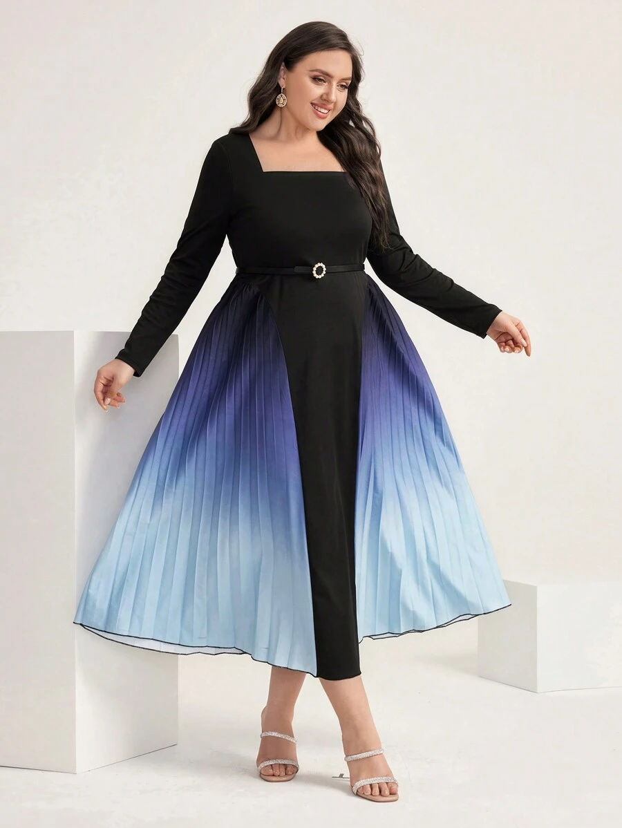 Modelyn Plus Ombre Square Neck Pleated Hem Dress Without Belt - Multicolor - View 1