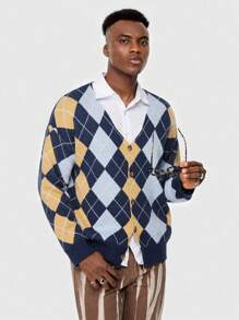 ROMWE MEN Academia Hombres Cárdigan con patrón de rombo de cuello V - Multicolor - Ver 1