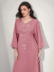Al Najma Rhinestone Detail Flounce Sleeve Kaftan - Pink - View 5