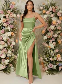 SHEIN Belle 开叉大腿缎面吊带伴娘礼服优雅正式晚会舞会婚礼宾客礼服，适合毕业典礼、晚宴派对礼服 - 薄荷綠 - 查看 2