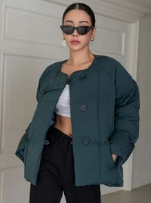DAZY 纯色纽扣前衬垫厚口袋外套，女式冬季外套夹克 - 墨綠色 - 查看 7