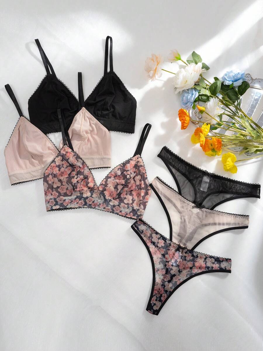 3packs Floral Lace Bra & Panty Lingerie Set - Multicolor - View 1