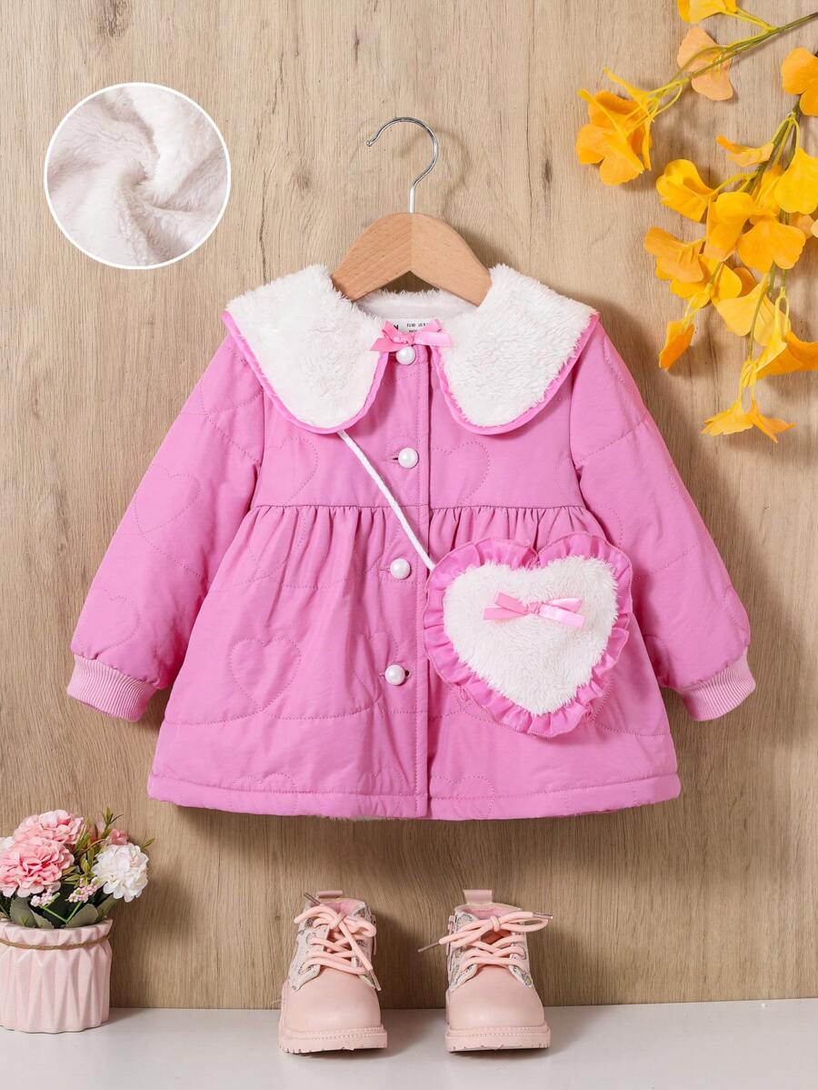 SHEIN Baby Girl Contrast Collar Coat & Bag - Hot Pink - View 1