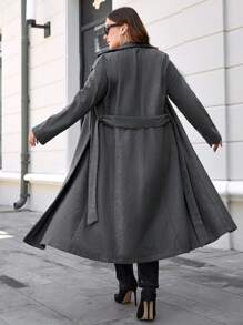 RueChic Plus Lapel Neck Open Front Belted Overcoat - Dark Grey - View 2
