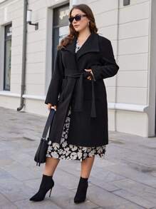 RueChic Plus Waterfall Collar Belted Coat - Black - View 3