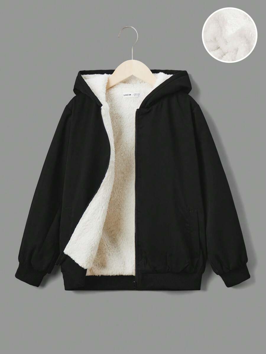 SHEIN 女大童拉鏈開襟加絨內裏連帽夾克 - 米色 - 查看 1