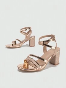 女士夏季新款系带法式淑女时尚舒适粗跟高跟凉鞋 - 香檳色 - 查看 4