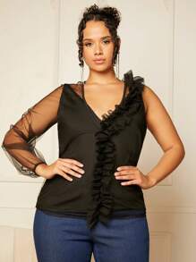 SHEIN SXY Plus Ruffle Trim Mesh Sleeve Top