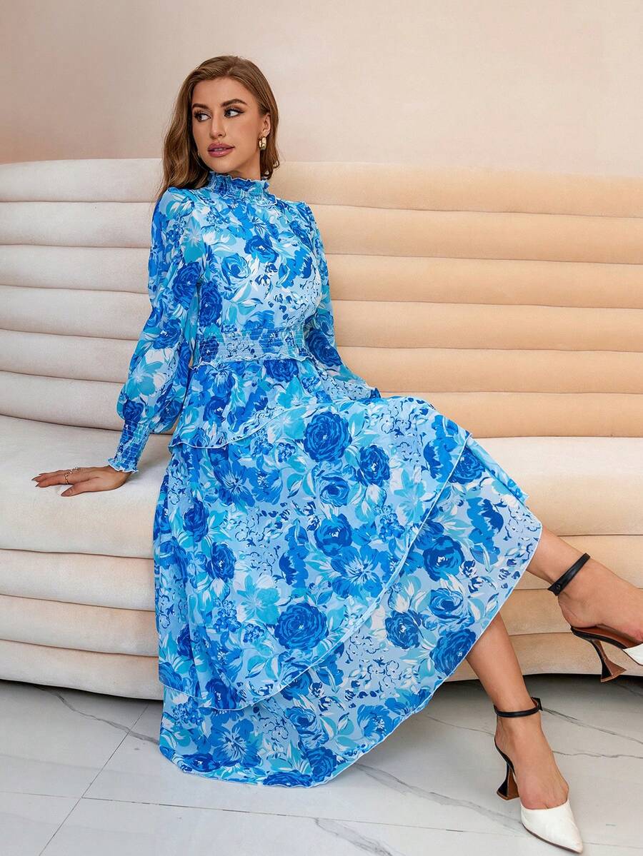 SHEIN Privé Floral Print Mock Neck Lantern Sleeve Dress | SHEIN USA