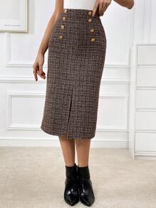 SHEIN Privé 高腰格紋雙排釦高衩半身裙 - 彩色 - 查看 3