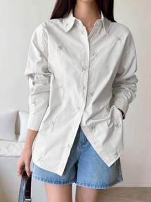 DAZY Floral Embroidery Drop Shoulder Button Front Shirt Long Sleeve Top - White - View 1