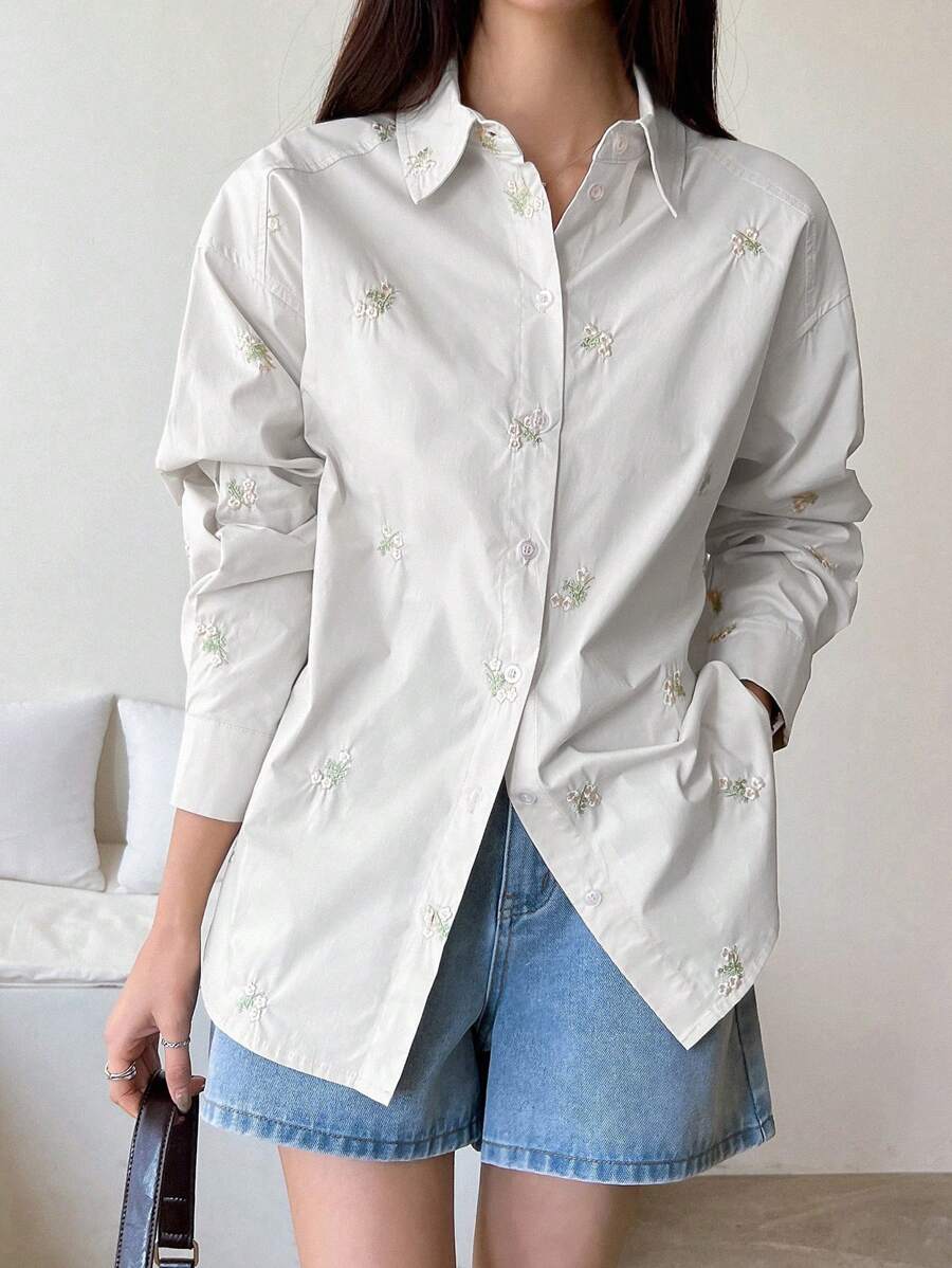 DAZY Floral Embroidery Drop Shoulder Button Front Shirt Long Sleeve Top - White - View 1