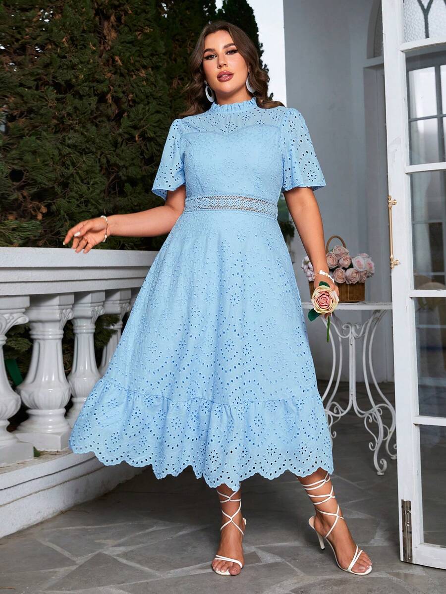 Simplee Đầm Plus Size Viên lá sen Dây kéo Tương phản ren Sò điệp Tranh thêu màu trơn Thanh lịch - Màu xanh nhạt - Xem 1