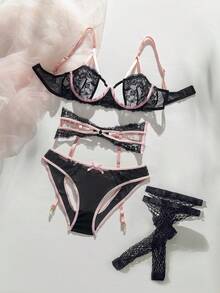 SHEIN Floral Lace Underwire Garter Lingerie Set - Black - View 4