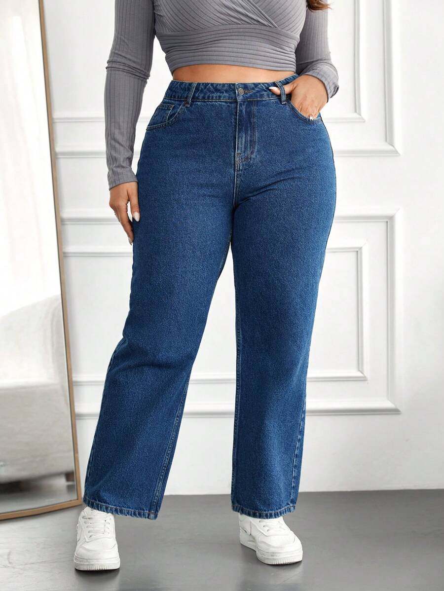RueChic Plus Casual Straight Leg Jeans - Blue - View 1