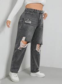 SHEIN EZwear 高腰破洞直筒男友风牛仔裤 - 淺灰色 - 查看 3