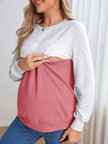 SHEIN Maternity Two Tone Nursing Detail Pullover - Pink - View 5
