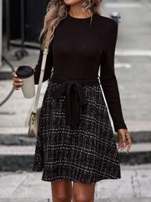 Calvaya Plaid Print Belted Dress