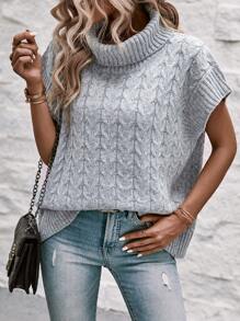 SHEIN LUNE Turtleneck Batwing Sleeve Cable Knit Sweater Vest - Grey - View 1
