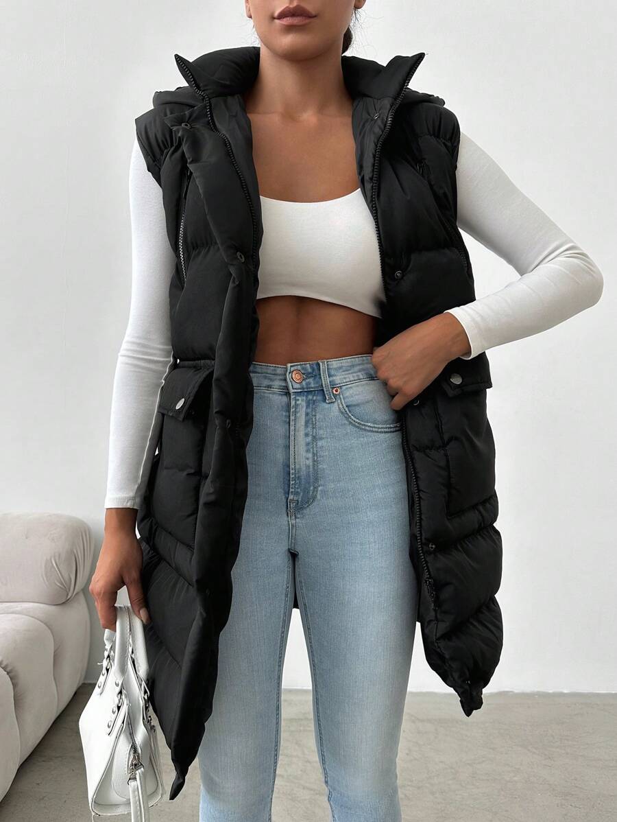 EURMUSE Flap Pocket Longline Puffer Vest Coat - Black - View 1