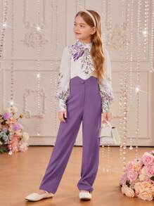 SHEIN Leap Crew 女大童印花燈籠袖襯衫和褲子 - 彩色 - 查看 6