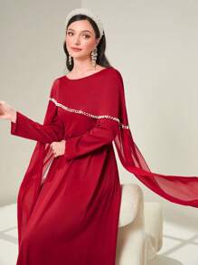 Al Najma Burgundy Red Contrast Mesh Cloak Sleeve Rhinestone Detail Dress Without Belt Kaftan Jalabiya Dress - Burgundy - View 7