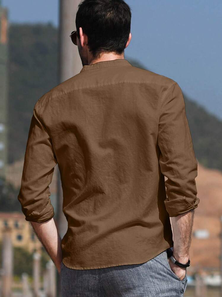 NITAGUT Men's Casual Simple Breathable Long Sleeve Shirt - Mocha Brown - View 2