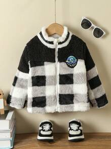 Baby Boy Plaid Print Patch Detail Teddy Coat