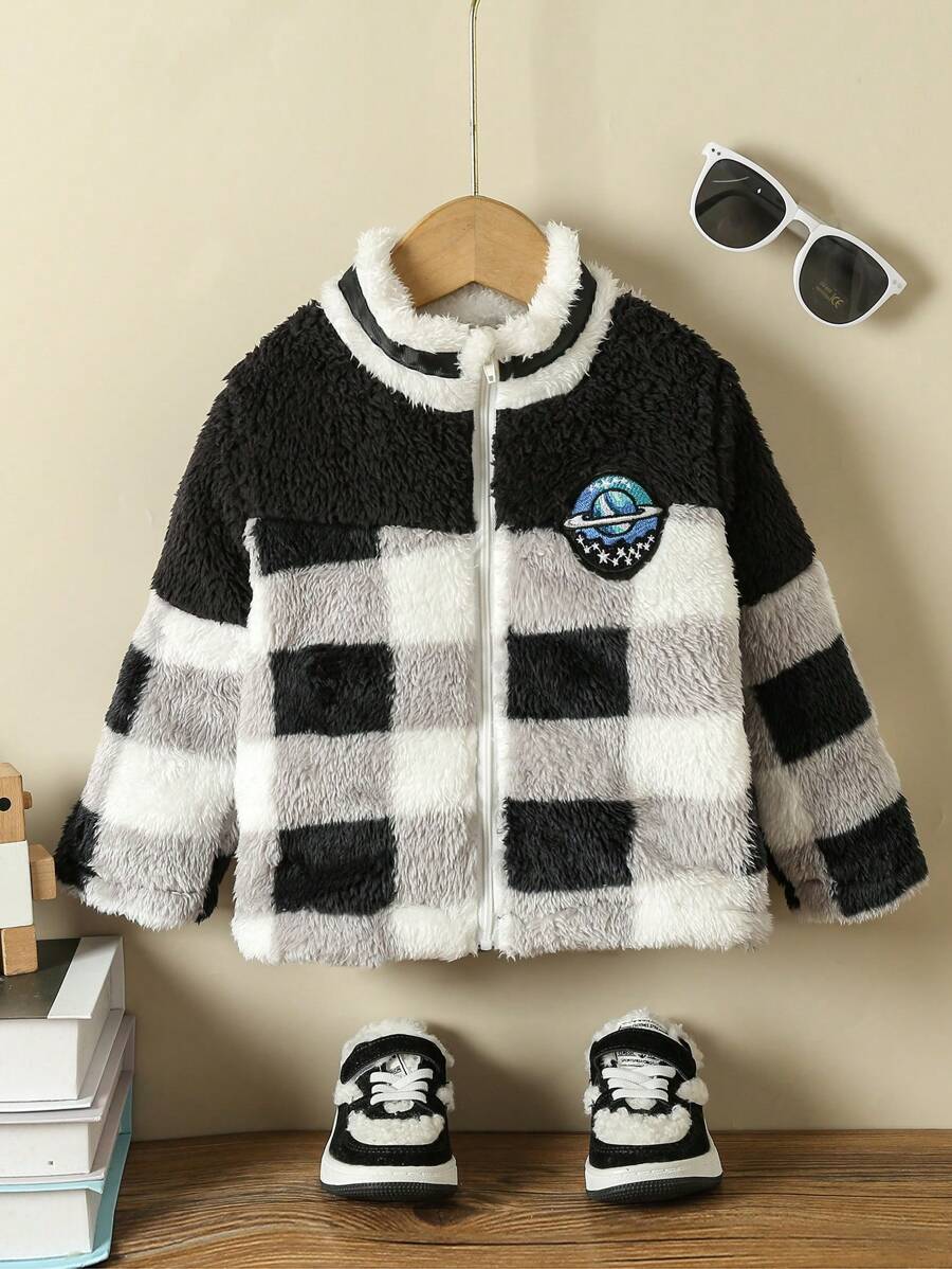 Baby Boy Plaid Print Patch Detail Teddy Coat