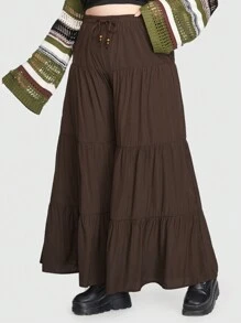 ROMWE Fairycore Talla grande Pantalones de pierna ancha de cintura con cordón bajo con fruncido - Marrón - Ver 6