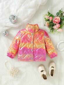 SHEIN Baby Girl Holographic Zip Up Snap Button Metallic Padded Coat